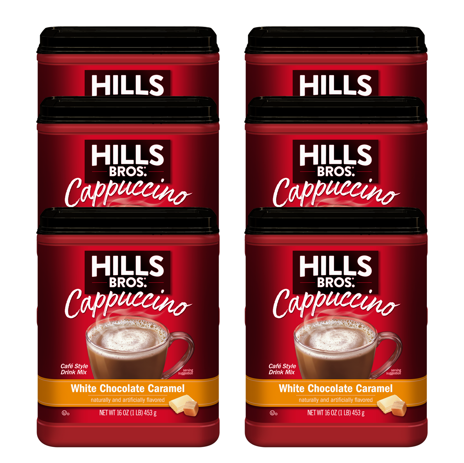 Six containers of Hills Bros. Cappuccino White Chocolate Caramel Instant Cappuccino Mix are arranged in two columns against a white background, ready to help you enjoy a creamy coffeehouse-style cappuccino at home.