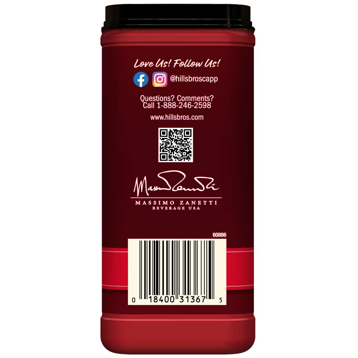 Back of a Hills Bros. Cappuccino Classic Cappuccino - Instant Cappuccino Mix can featuring a barcode, website, phone number, social media icons, QR code, signature, and company information on a red background—everything you need to connect with the makers of your favorite instant cappuccino mix.