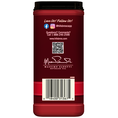 Back of a Hills Bros. Cappuccino Classic Cappuccino - Instant Cappuccino Mix can featuring a barcode, website, phone number, social media icons, QR code, signature, and company information on a red background—everything you need to connect with the makers of your favorite instant cappuccino mix.