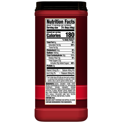 Back label of a Hills Bros. Cappuccino Classic Cappuccino - Instant Cappuccino Mix container displaying nutrition facts, ingredients list, and allergy information on a red background.