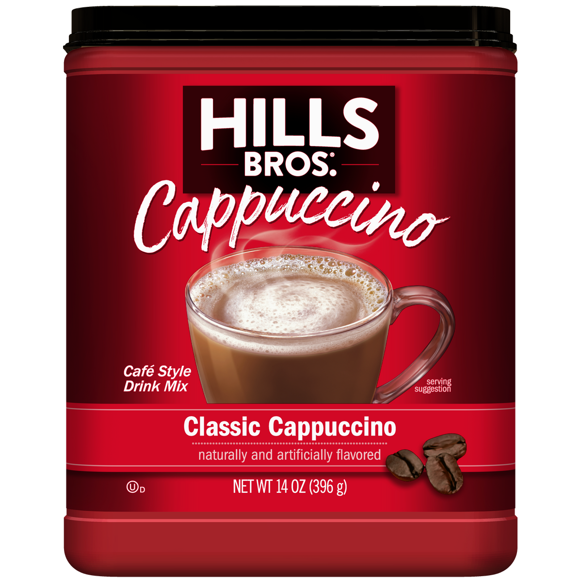 A red container of Hills Bros. Cappuccino Classic Cappuccino - Instant Cappuccino Mix, adorned with an image of a cappuccino in a clear mug and two coffee beans on the label, is the ideal choice for creating delicious café-style beverages at home.