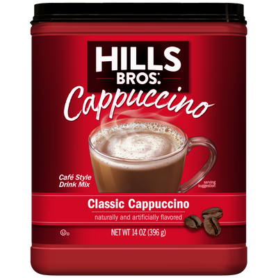 A red container of Hills Bros. Cappuccino Classic Cappuccino - Instant Cappuccino Mix, adorned with an image of a cappuccino in a clear mug and two coffee beans on the label, is the ideal choice for creating delicious café-style beverages at home.