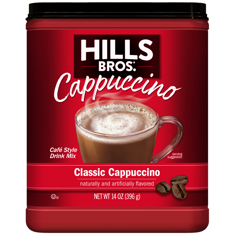 A red container of Hills Bros. Cappuccino Classic Cappuccino - Instant Cappuccino Mix, adorned with an image of a cappuccino in a clear mug and two coffee beans on the label, is the ideal choice for creating delicious café-style beverages at home.