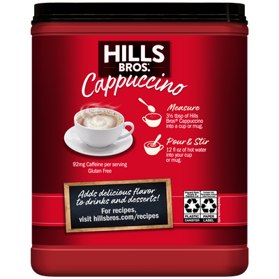 A red container of Hills Bros. Cappuccino Classic Cappuccino - Instant Cappuccino Mix, featuring a cup image and preparation instructions. The label indicates 92mg of caffeine per serving and encourages trying instant cappuccino recipes at hillsbros.com/recipes.