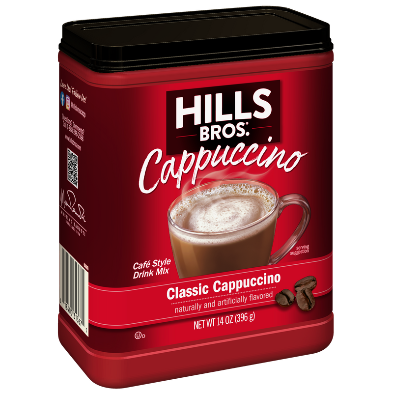 A red container of Hills Bros. Cappuccino Classic Cappuccino - Instant Cappuccino Mix featuring an image of a cappuccino in a clear mug on the front.
