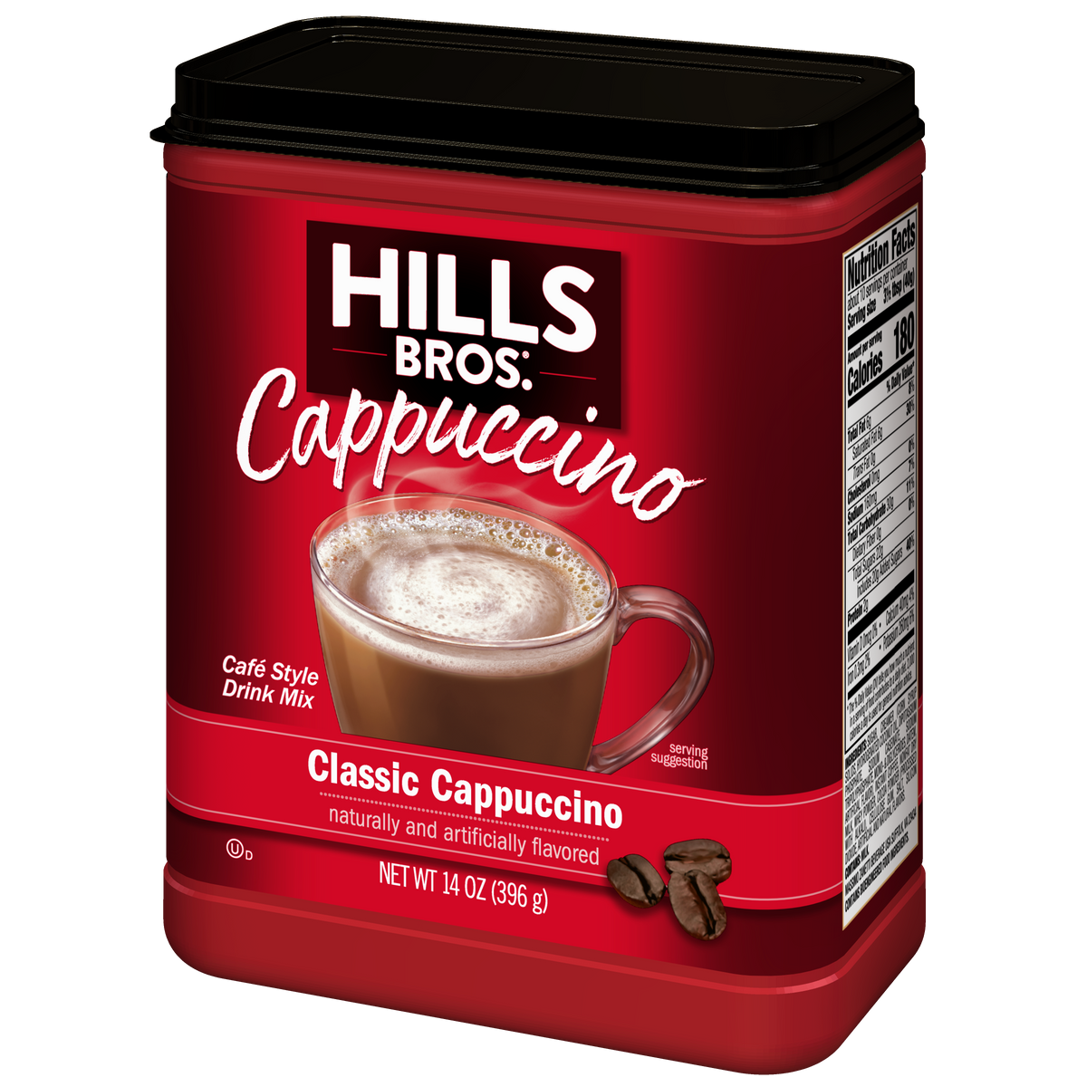 A red container of Hills Bros. Cappuccino Classic Cappuccino - Instant Cappuccino Mix featuring a coffee cup image, product weight, and nutrition facts on the side.