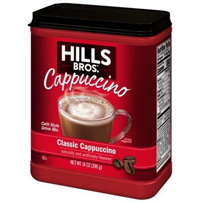 A red container of Hills Bros. Cappuccino Classic Cappuccino - Instant Cappuccino Mix featuring a coffee cup image, product weight, and nutrition facts on the side.