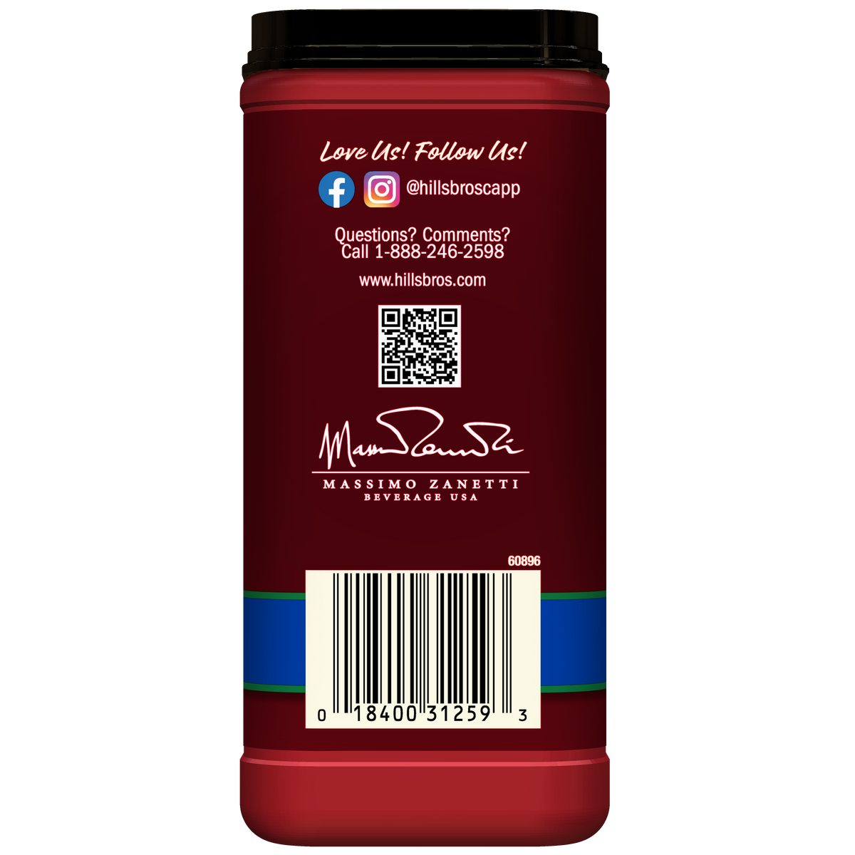 Back of a Hills Bros. Cappuccino Decaf French Vanilla - Instant Cappuccino Mix container featuring contact information, social media icons, a QR code, barcode, and Massimo Zanetti Beverage USA branding on a red background—ideal for fans who love the creamy vanilla flavor of our instant cappuccino mix.