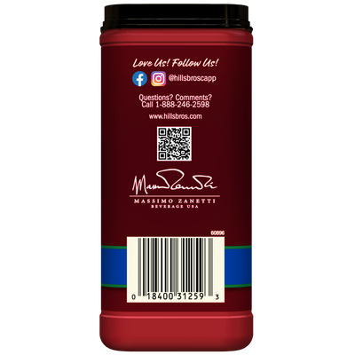 Back of a Hills Bros. Cappuccino Decaf French Vanilla - Instant Cappuccino Mix container featuring contact information, social media icons, a QR code, barcode, and Massimo Zanetti Beverage USA branding on a red background—ideal for fans who love the creamy vanilla flavor of our instant cappuccino mix.