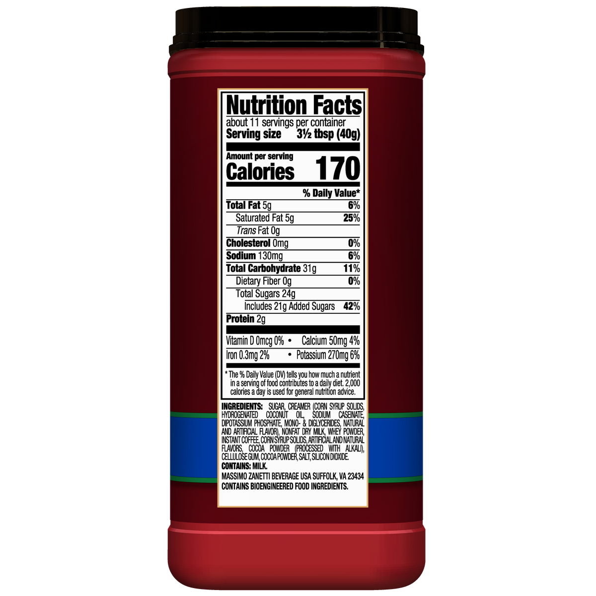 The back of a red Hills Bros. Cappuccino container displays a nutrition facts label with serving size, calories, and other nutritional information in black text on a white background—perfect for those enjoying Decaf French Vanilla Instant Cappuccino Mix.