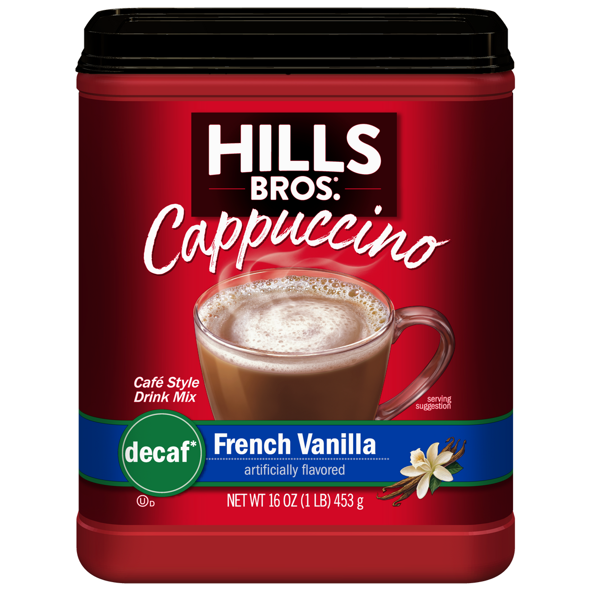 Hills Bros. Cappuccino Decaf French Vanilla Instant Cappuccino Mix, 16 oz red container, features a label with a cup of caffeine-free cappuccino and a vanilla flower illustration.