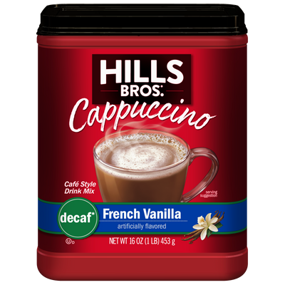 Hills Bros. Cappuccino Decaf French Vanilla Instant Cappuccino Mix, 16 oz red container, features a label with a cup of caffeine-free cappuccino and a vanilla flower illustration.