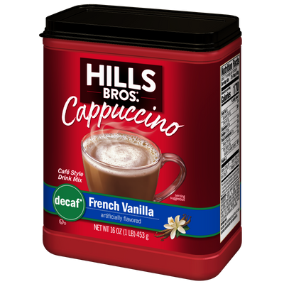 A 16 oz container of Hills Bros. Cappuccino Decaf French Vanilla - Instant Cappuccino Mix, featuring a mug of creamy vanilla-flavored cappuccino and a vanilla flower on the label.