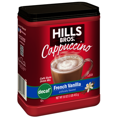 A red 16 oz container of Hills Bros. Cappuccino Decaf French Vanilla Instant Cappuccino Mix showcases an image of a cappuccino cup on the front. This delicious instant mix delivers a smooth, rich French vanilla flavor and is perfect for anyone wanting to enjoy a caffeine-free cappuccino at any time of day.