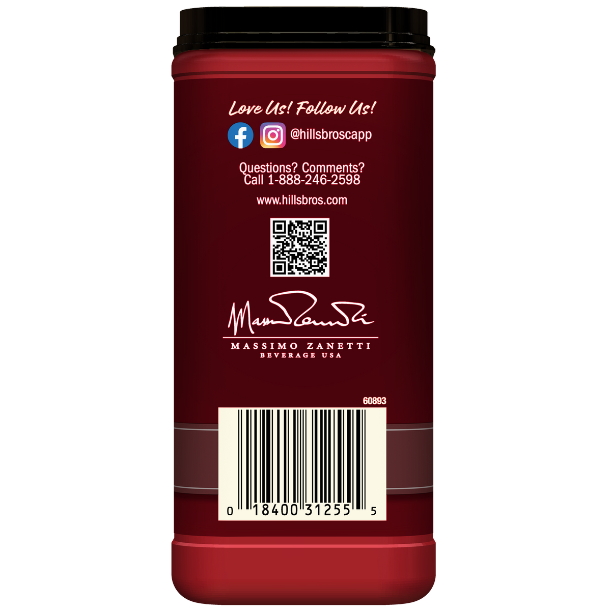 Back of a red Hills Bros. Cappuccino canister featuring Double Mocha - Instant Cappuccino Mix details, social media information, QR code, customer service number, signature, and barcode—perfect for fans of instant cappuccino.