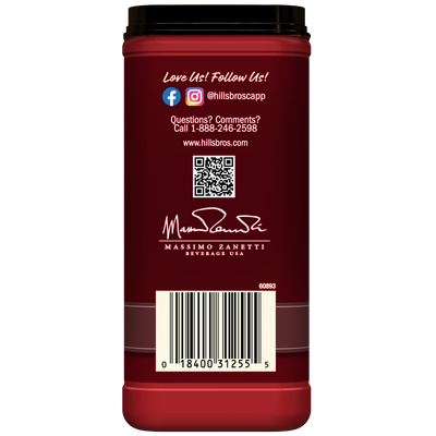 Back of a red Hills Bros. Cappuccino canister featuring Double Mocha - Instant Cappuccino Mix details, social media information, QR code, customer service number, signature, and barcode—perfect for fans of instant cappuccino.