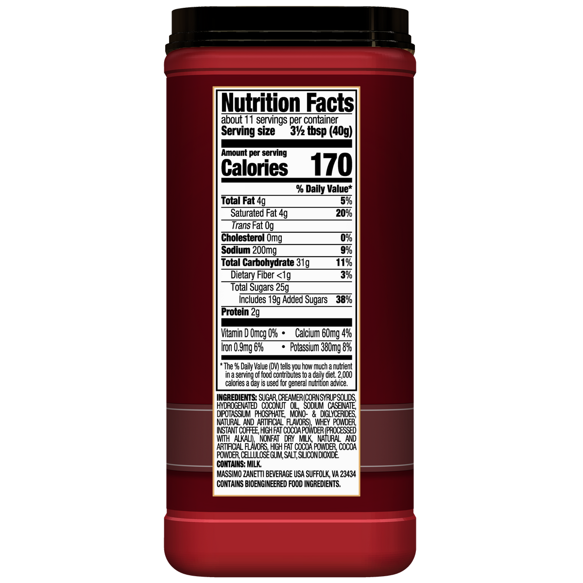 Back of a red Hills Bros. Cappuccino Double Mocha - Instant Cappuccino Mix container displaying the Nutrition Facts label, including serving size, calories, and ingredients list.