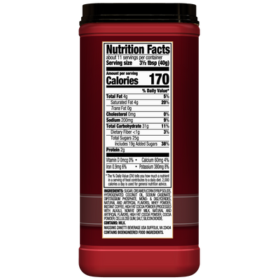 Back of a red Hills Bros. Cappuccino Double Mocha - Instant Cappuccino Mix container displaying the Nutrition Facts label, including serving size, calories, and ingredients list.