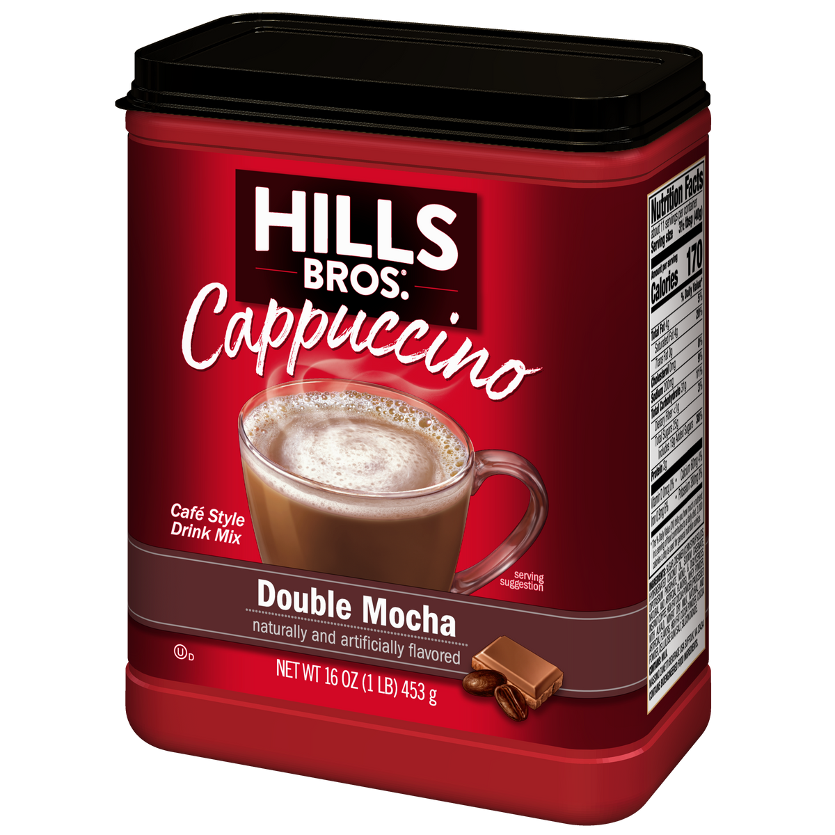 A 16 oz red container of Hills Bros. Cappuccino Double Mocha - Instant Cappuccino Mix, with a label showcasing a mocha-filled mug and a piece of chocolate. This blend offers rich cappuccino flavor in every cup for coffee enthusiasts.