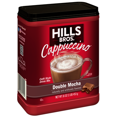 A red container of Hills Bros. Cappuccino Double Mocha - Instant Cappuccino Mix, with a label showing a cup of cappuccino and a piece of chocolate.