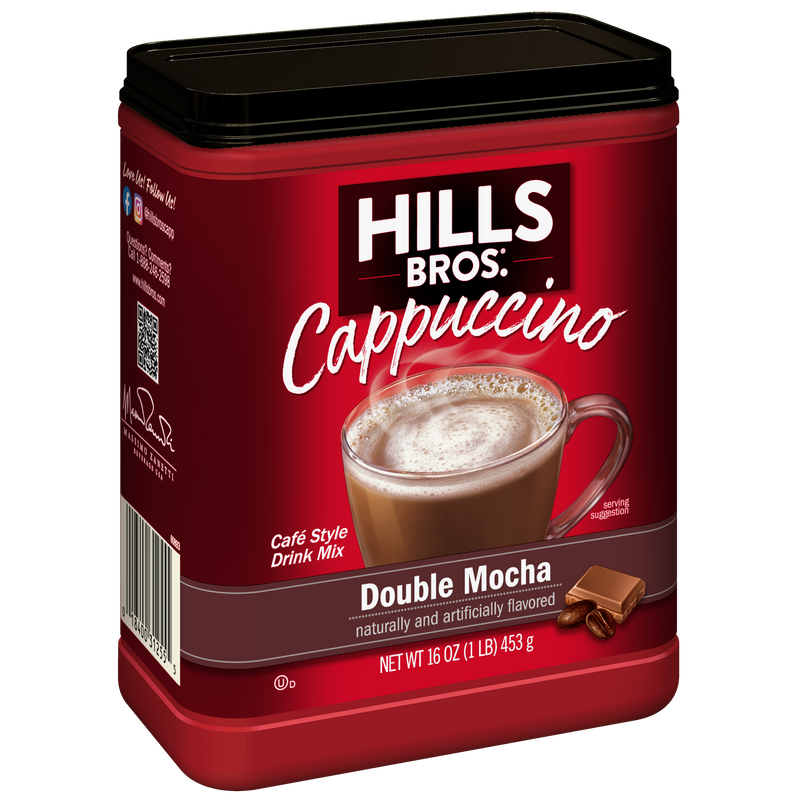 A red container of Hills Bros. Cappuccino Double Mocha - Instant Cappuccino Mix, with a label showing a cup of cappuccino and a piece of chocolate.