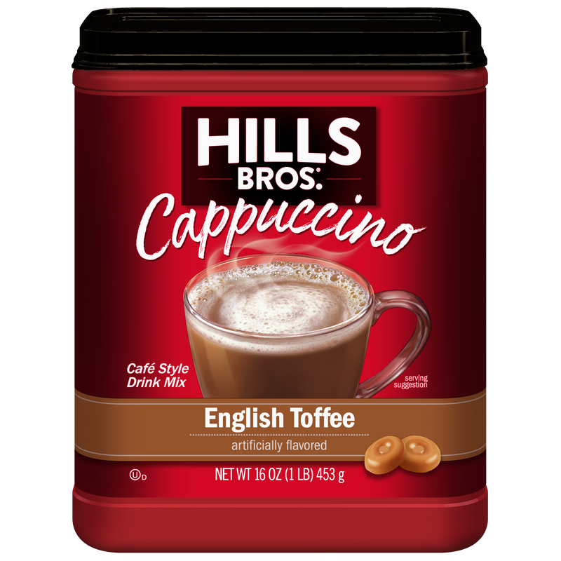 A 16 oz red container of Hills Bros. Cappuccino English Toffee - Instant Cappuccino Mix, with an image of a cappuccino and toffee pieces on the front.