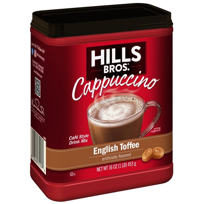 A 16 oz container of Hills Bros. Cappuccino English Toffee - Instant Cappuccino Mix, showcasing a creamy cappuccino in a mug and tempting toffee pieces on the front label.