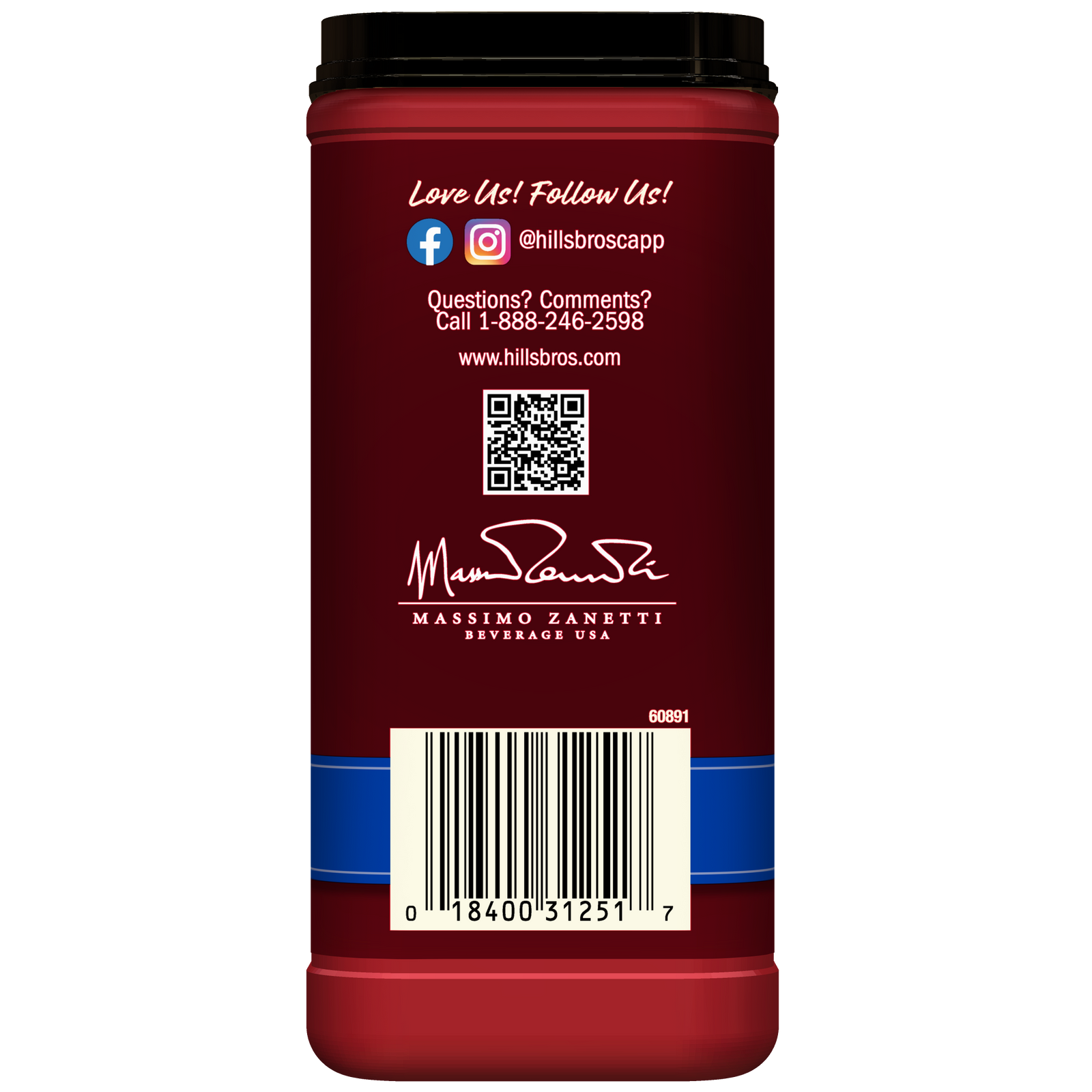The back of a red Hills Bros. Cappuccino canister displays social media icons, contact information, a QR code, a barcode, and the Massimo Zanetti Beverage USA logo with signature—all showcasing the delicious French Vanilla - Instant Cappuccino Mix inside for a creamy, coffeehouse-style cappuccino experience at home.