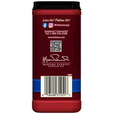 The back of a red Hills Bros. Cappuccino canister displays social media icons, contact information, a QR code, a barcode, and the Massimo Zanetti Beverage USA logo with signature—all showcasing the delicious French Vanilla - Instant Cappuccino Mix inside for a creamy, coffeehouse-style cappuccino experience at home.
