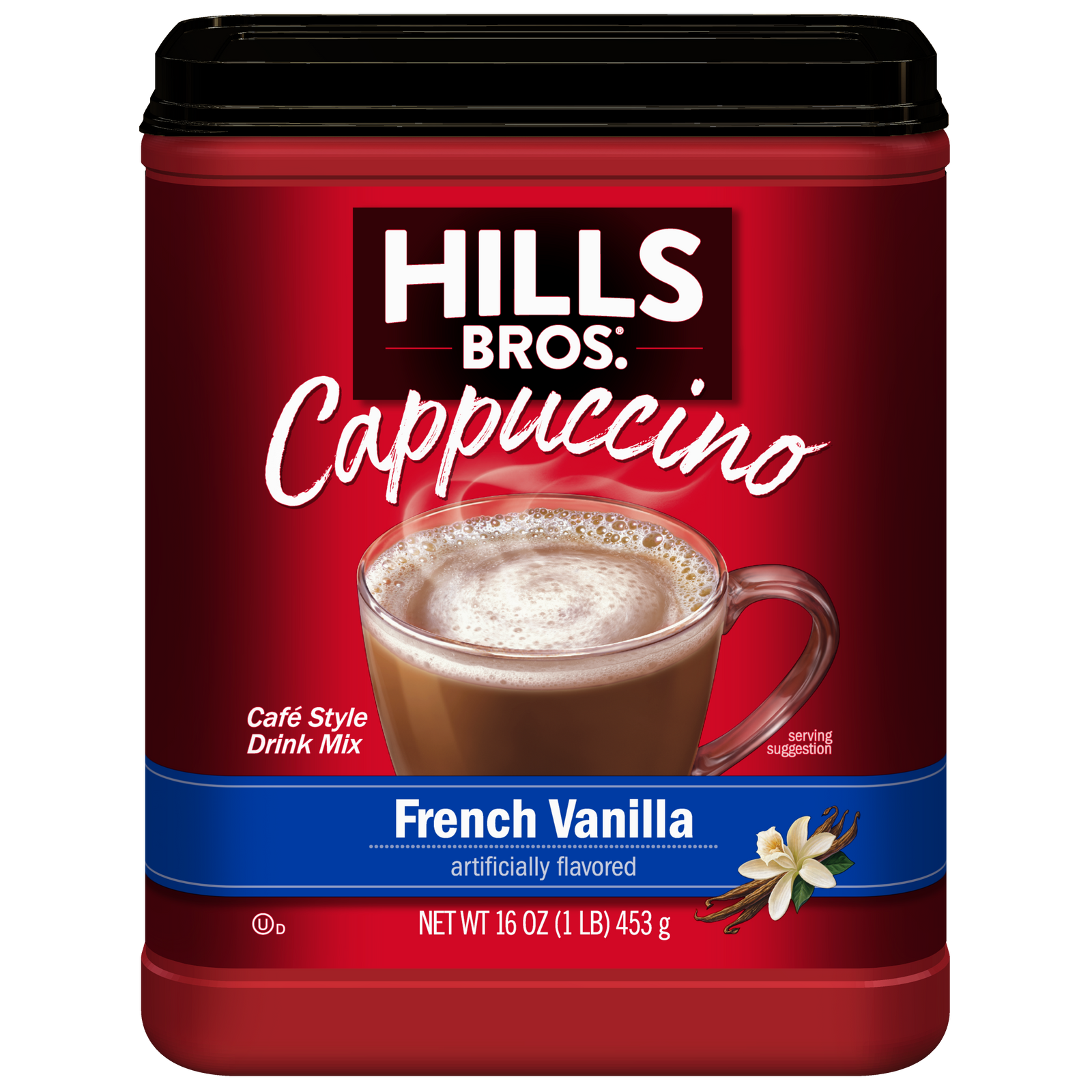 A red container of Hills Bros. Cappuccino French Vanilla - Instant Cappuccino Mix, featuring a cup of instant cappuccino and a vanilla flower on the label.