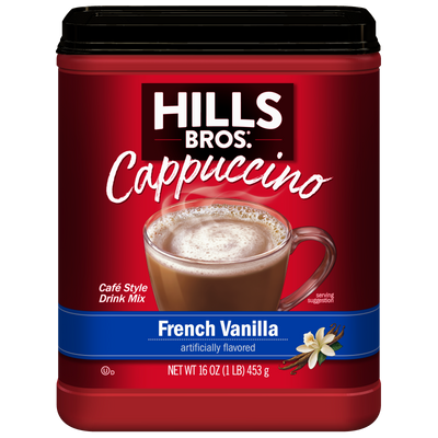 A red container of Hills Bros. Cappuccino French Vanilla - Instant Cappuccino Mix, featuring a cup of instant cappuccino and a vanilla flower on the label.