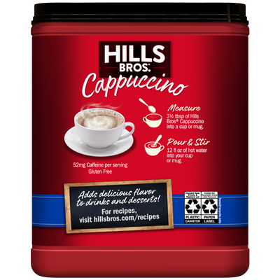 A red container of Hills Bros. Cappuccino French Vanilla - Instant Cappuccino Mix features preparation instructions, a cappuccino image, caffeine content, and recycling symbols on the label, providing a creamy coffeehouse-style cappuccino experience at home.