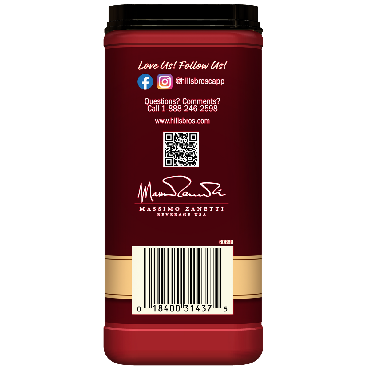 The back of a red Hills Bros. Cappuccino Hazelnut - Instant Cappuccino Mix container features social media icons, a QR code, a phone number, a website, a barcode, and a white signature at the bottom—ideal for fans of this popular blend.