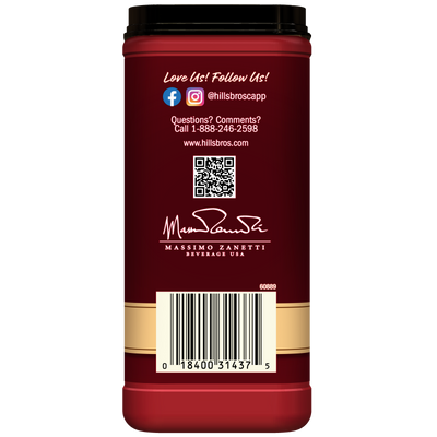 The back of a red Hills Bros. Cappuccino Hazelnut - Instant Cappuccino Mix container features social media icons, a QR code, a phone number, a website, a barcode, and a white signature at the bottom—ideal for fans of this popular blend.