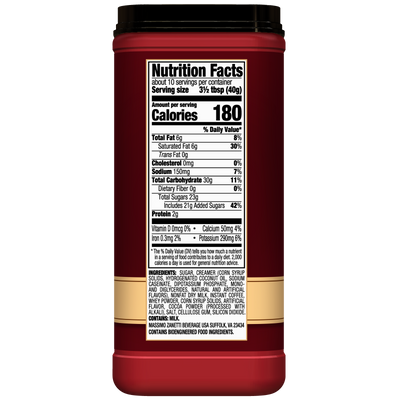 Rear view of a red food container of Hills Bros. Cappuccino Hazelnut - Instant Cappuccino Mix, featuring a nutrition facts label displaying 180 calories per serving, 10 servings per container, and an ingredients list at the bottom. Perfect for enjoying your favorite hazelnut cappuccino mix or instant cappuccino.