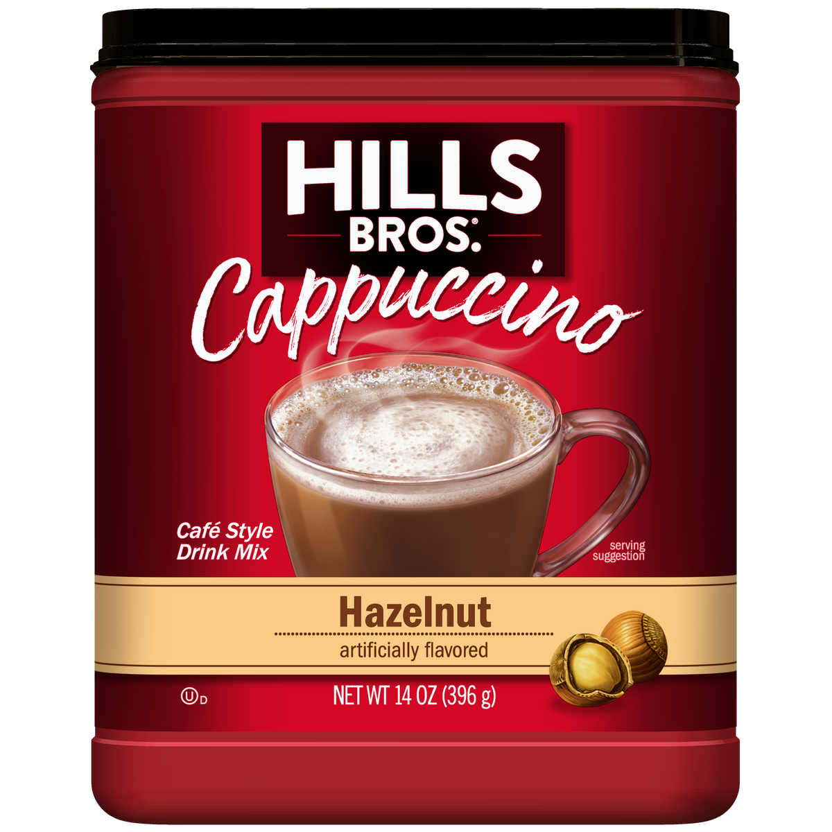 A 14 oz container of Hills Bros. Cappuccino Hazelnut - Instant Cappuccino Mix, featuring a label with a clear mug filled with cappuccino and hazelnuts. Enjoy this delicious instant cappuccino mix for a rich and creamy treat anytime.