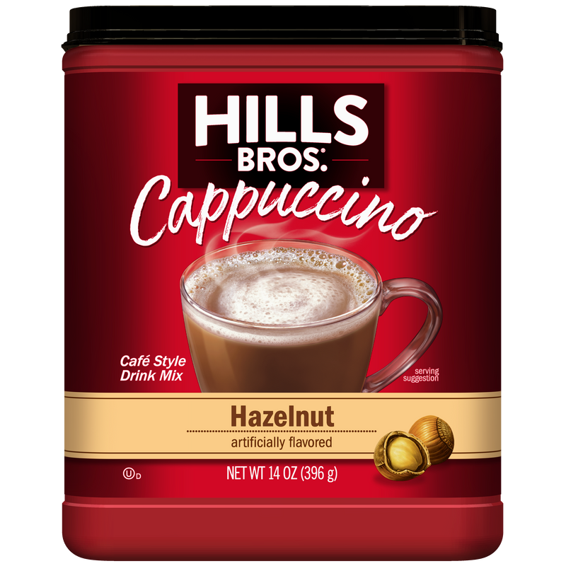 A 14 oz container of Hills Bros. Cappuccino Hazelnut - Instant Cappuccino Mix, featuring a label with a clear mug filled with cappuccino and hazelnuts. Enjoy this delicious instant cappuccino mix for a rich and creamy treat anytime.