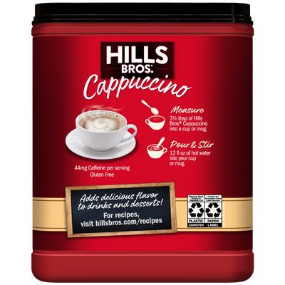 A red container of Hills Bros. Cappuccino Hazelnut Instant Cappuccino Mix features preparation instructions, an image of a cappuccino cup, and a website for recipes on the label. This instant cappuccino mix from Hills Bros. Cappuccino lets you easily enjoy delicious hazelnut flavor at home.