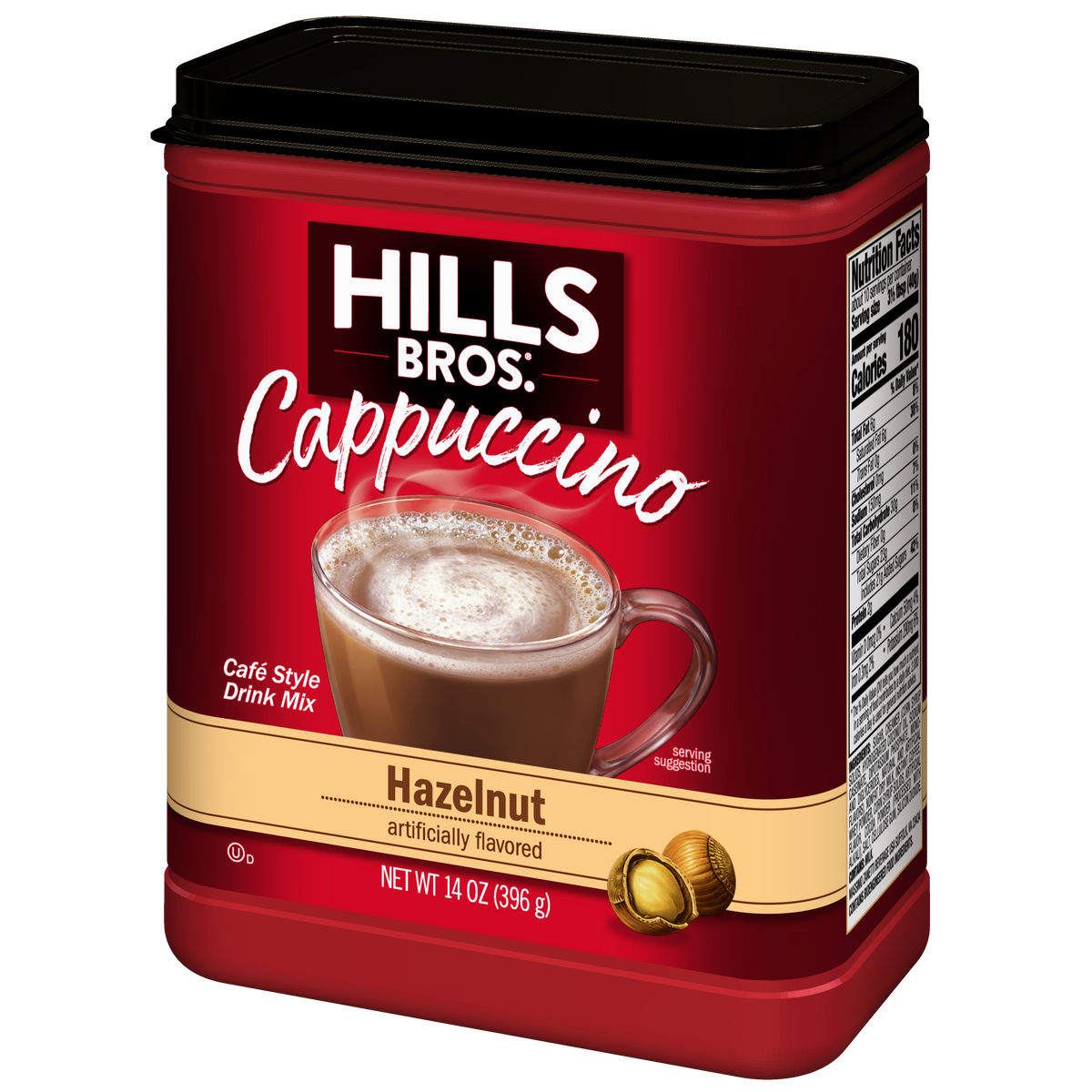 A 14 oz red container of Hills Bros. Cappuccino Hazelnut - Instant Cappuccino Mix, displaying a cappuccino and hazelnut on the front, delivers a rich and creamy instant cappuccino experience.