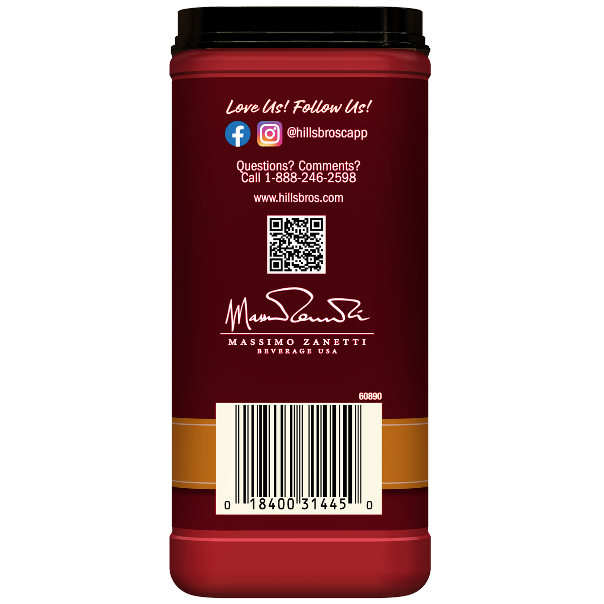 The back of the Salted Caramel - Instant Cappuccino Mix container by Hills Bros. Cappuccino displays social media information, a phone number, website, QR code, signature, barcode, and the Hills Bros. Cappuccino brand name in white and gold on a red background—perfect for any fan of instant cappuccino or those who love salted caramel flavor.
