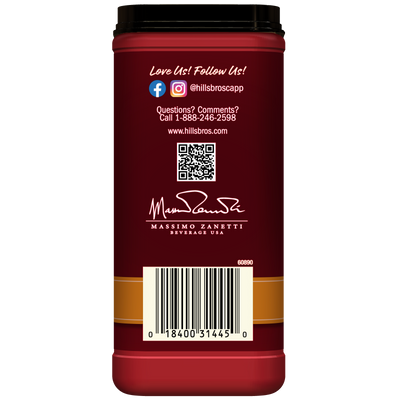 The back of the Salted Caramel - Instant Cappuccino Mix container by Hills Bros. Cappuccino displays social media information, a phone number, website, QR code, signature, barcode, and the Hills Bros. Cappuccino brand name in white and gold on a red background—perfect for any fan of instant cappuccino or those who love salted caramel flavor.