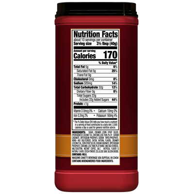 The back of a red container of Hills Bros. Cappuccino Salted Caramel - Instant Cappuccino Mix displays a Nutrition Facts label showing 170 calories per 3½-tablespoon serving, with details on fat, cholesterol, sodium, carbohydrates, protein, and vitamins.