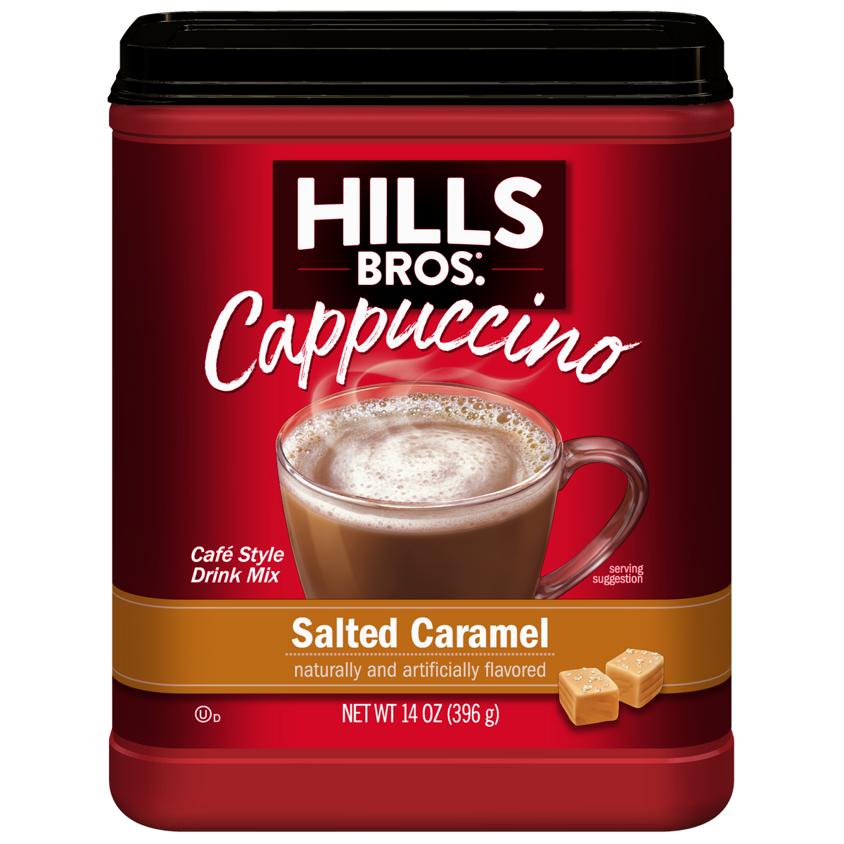 A container of Hills Bros. Cappuccino Salted Caramel - Instant Cappuccino Mix, showcasing an inviting image of a cappuccino and caramel pieces on the front, perfect for savoring an instant cappuccino with a rich, creamy salted caramel flavor.