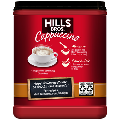 Salted Caramel - Instant Cappuccino Mix from Hills Bros. Cappuccino comes in a red container and features the rich flavor of instant cappuccino. Instructions recommend using 3/4 tbsp of mix per cup and adding 12 oz of hot water or milk. Each serving contains 44mg of caffeine, is gluten free, and has recycling symbols displayed on the packaging.