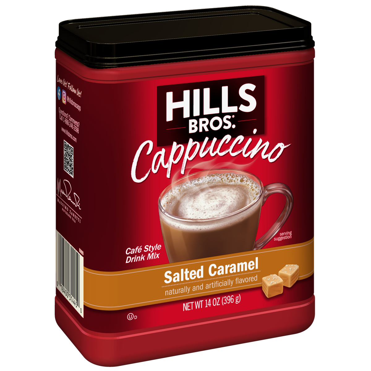 A red container of Hills Bros. Cappuccino Salted Caramel - Instant Cappuccino Mix, adorned with images of a cappuccino and caramel pieces, delivers a delicious salted caramel flavored instant cappuccino for your enjoyment. Net weight: 14 oz (396g).