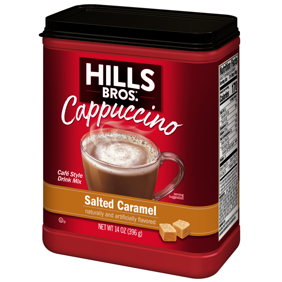 A red container of Hills Bros. Cappuccino Salted Caramel - Instant Cappuccino Mix, showcasing a mug of instant cappuccino and caramel pieces on the front, perfect for creating a delicious salted caramel cappuccino at home.