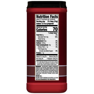 Back of a red Hills Bros. Cappuccino Sugar-Free Double Mocha Instant Cappuccino Mix container showing the nutrition facts label, including serving size, calories, fat, sodium, and other nutritional details printed in black text on a white background.