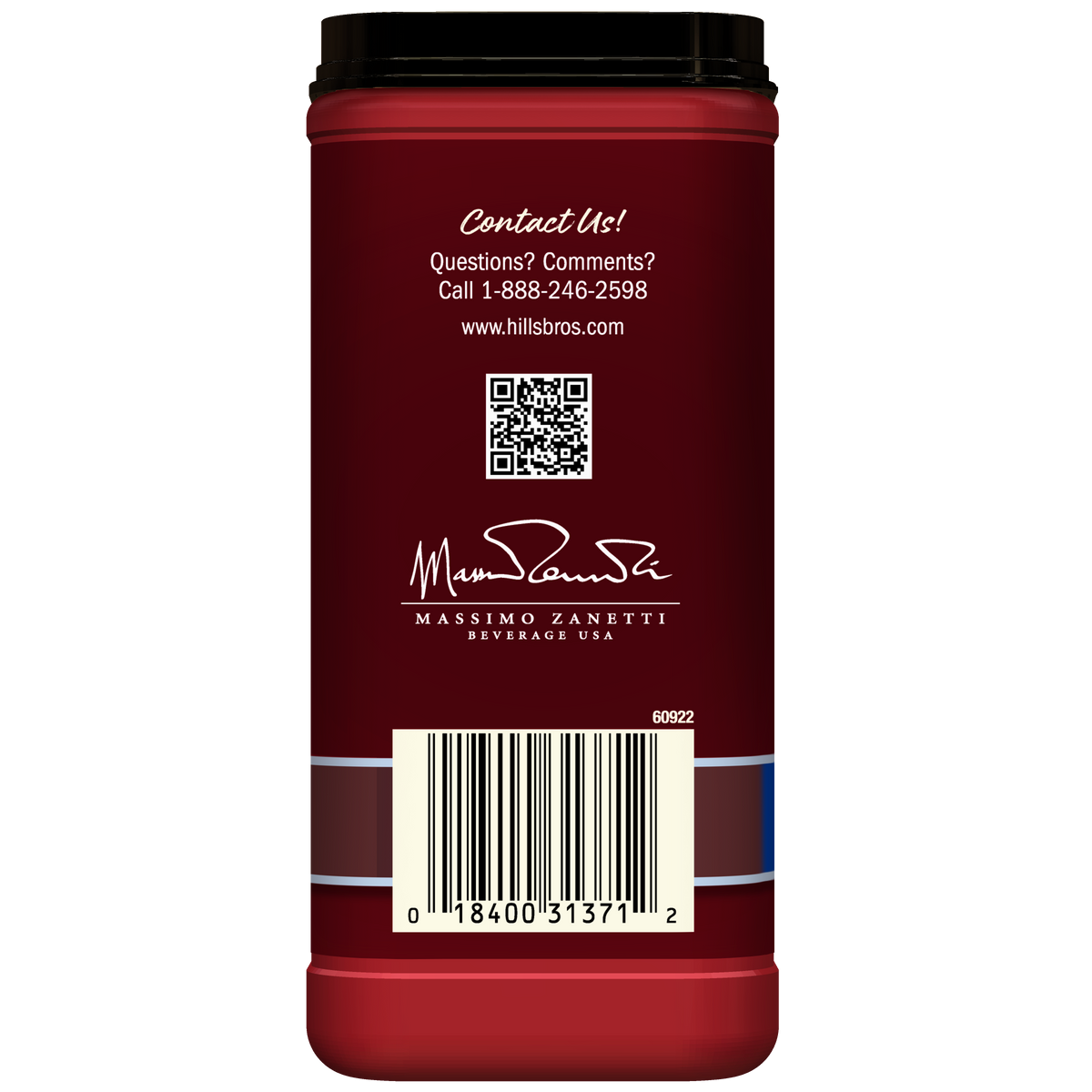 The back of a red Hills Bros. Cappuccino Sugar-Free Double Mocha Instant Cappuccino Mix can displays contact information, a QR code, a barcode, and the Massimo Zanetti Beverage USA logo—just like you’ll find on their other popular instant cappuccino varieties.