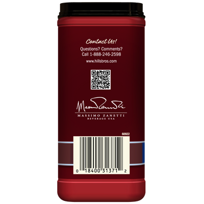 The back of a red Hills Bros. Cappuccino Sugar-Free Double Mocha Instant Cappuccino Mix can displays contact information, a QR code, a barcode, and the Massimo Zanetti Beverage USA logo—just like you’ll find on their other popular instant cappuccino varieties.