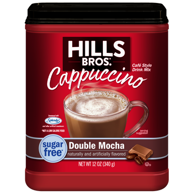 A 12 oz container of Hills Bros. Cappuccino Sugar-Free Double Mocha Instant Cappuccino Mix, featuring an image of a mocha beverage in a cup on the front.